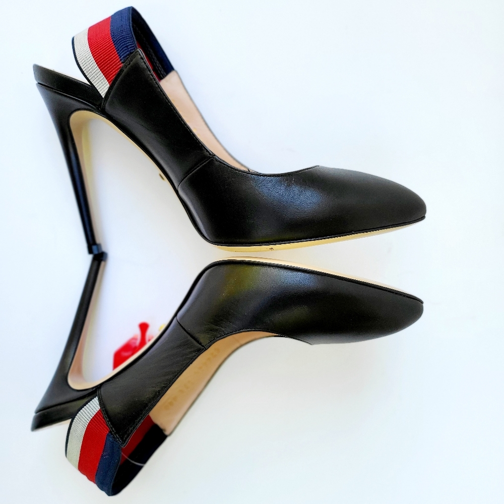 NWOT GUCCI Sylvie 75 Black Leather Red Slingback Strap Sandal Mule Heel Pump37.5 - Picture 6 of 16